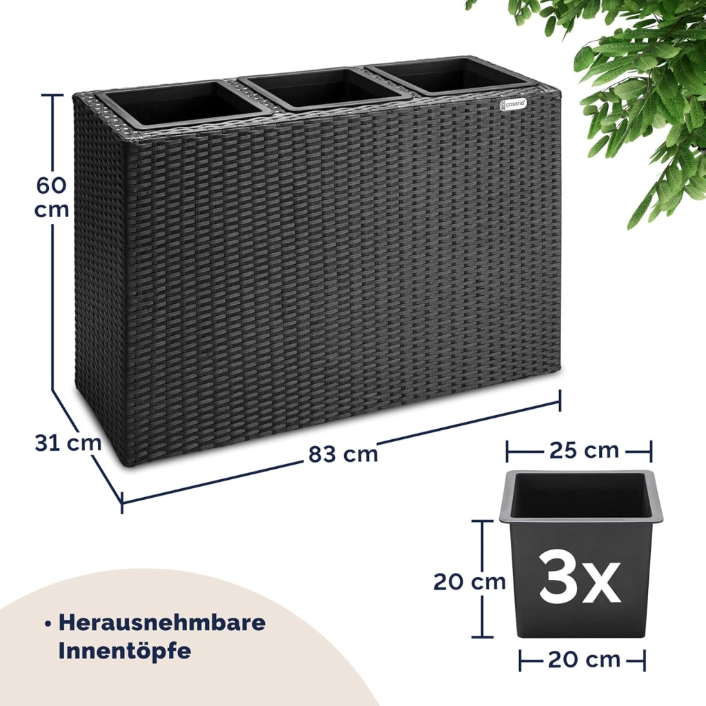 ® Fioriera 3 Vasi 83 x 30,5 x 60 cm Polyrattan Portafiori Giardino Esterno Interno Drenaggio Acqua Arredo Giardinaggio