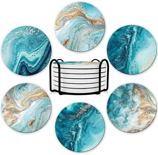 Onderzetters per bicchiere, assorbenti per bicchieri con supporto, piastrelle per bicchieri con piede in gomma, piastrelle per bicchieri in pietra, set da 6 (blu oceano)