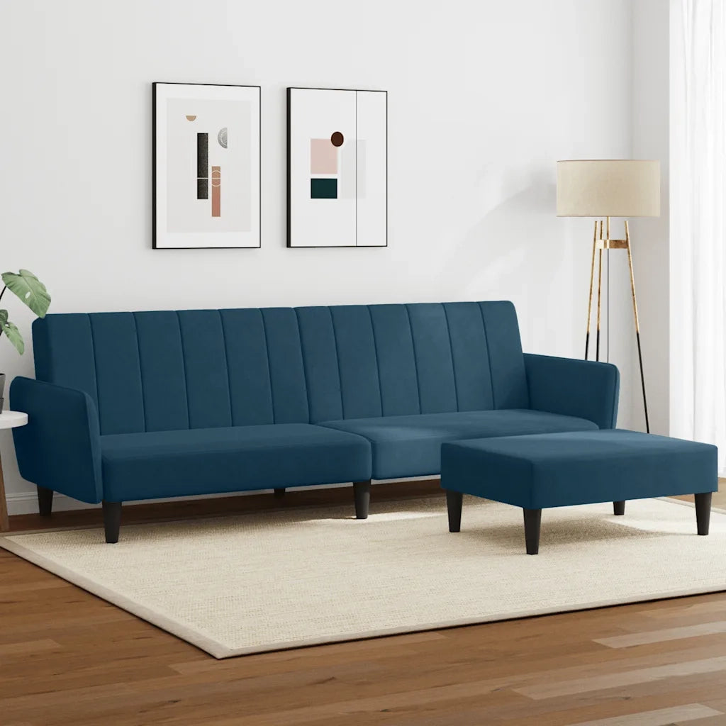 Divano Letto 2 Posti con Poggiapiedi Blu in Velluto