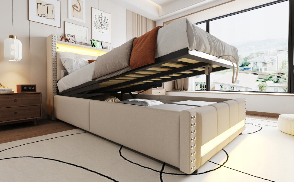 Letto per bambini 90x200 - Xylo - Beige con USB e LED senza materasso