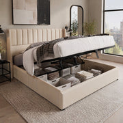 Letto contenitore matrimoniale idraulico 180x200 cm in lino con testiera imbottita, beige