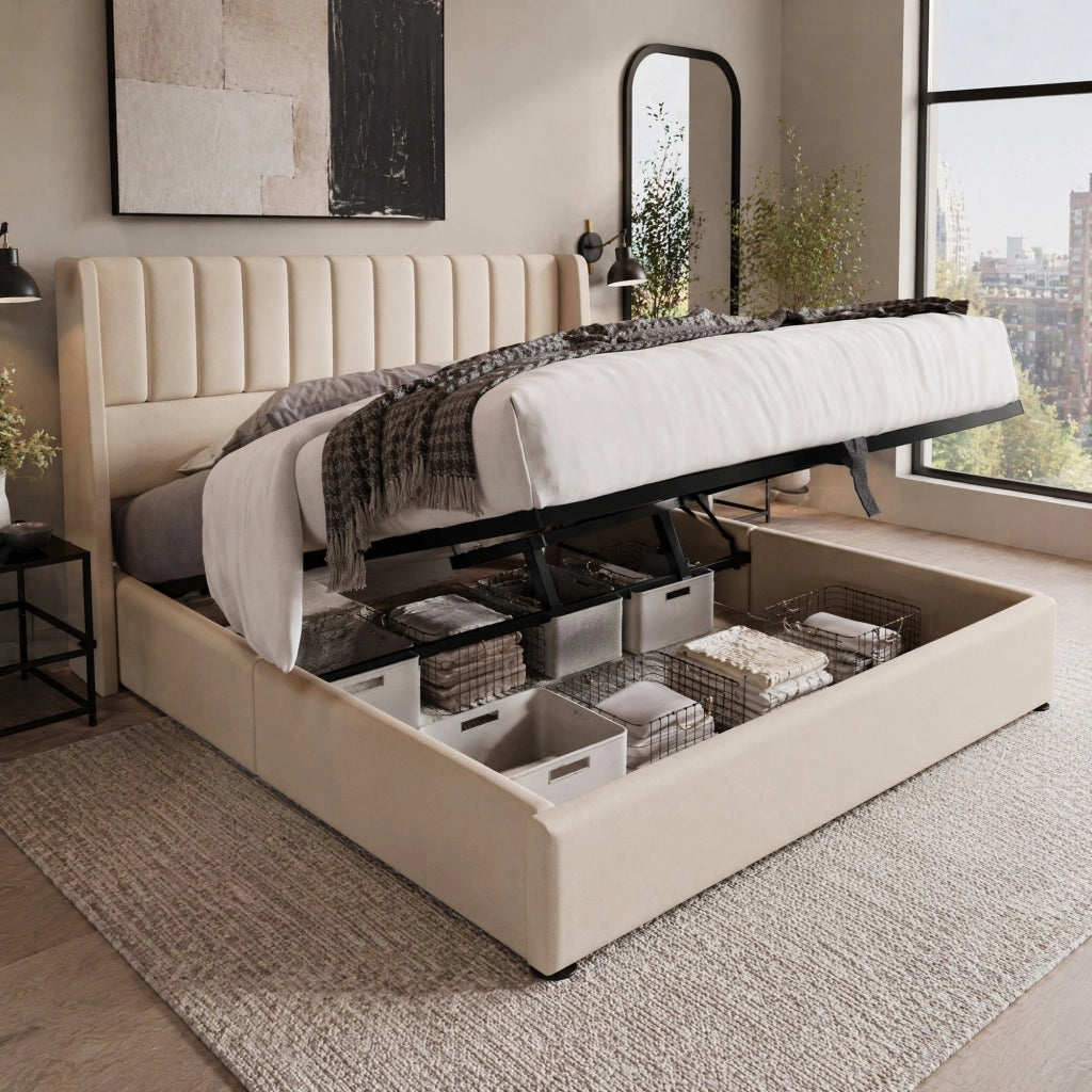 Letto contenitore matrimoniale idraulico 180x200 cm in lino con testiera imbottita, beige