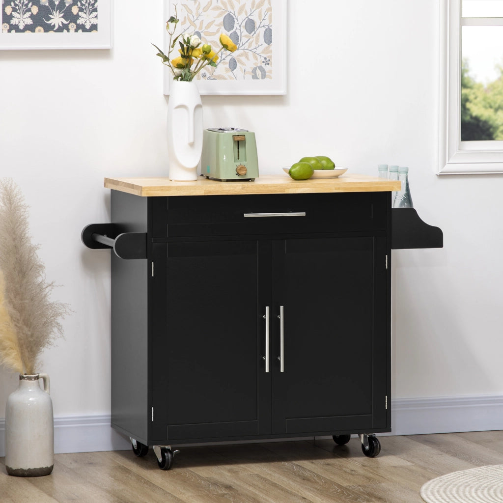 Carrello da Cucina con 1 Cassetto; 1 Anta; Ripiano Regolabile; Portaspezie e Portasciugamani; in Legno; 109x40x89 cm; Nero