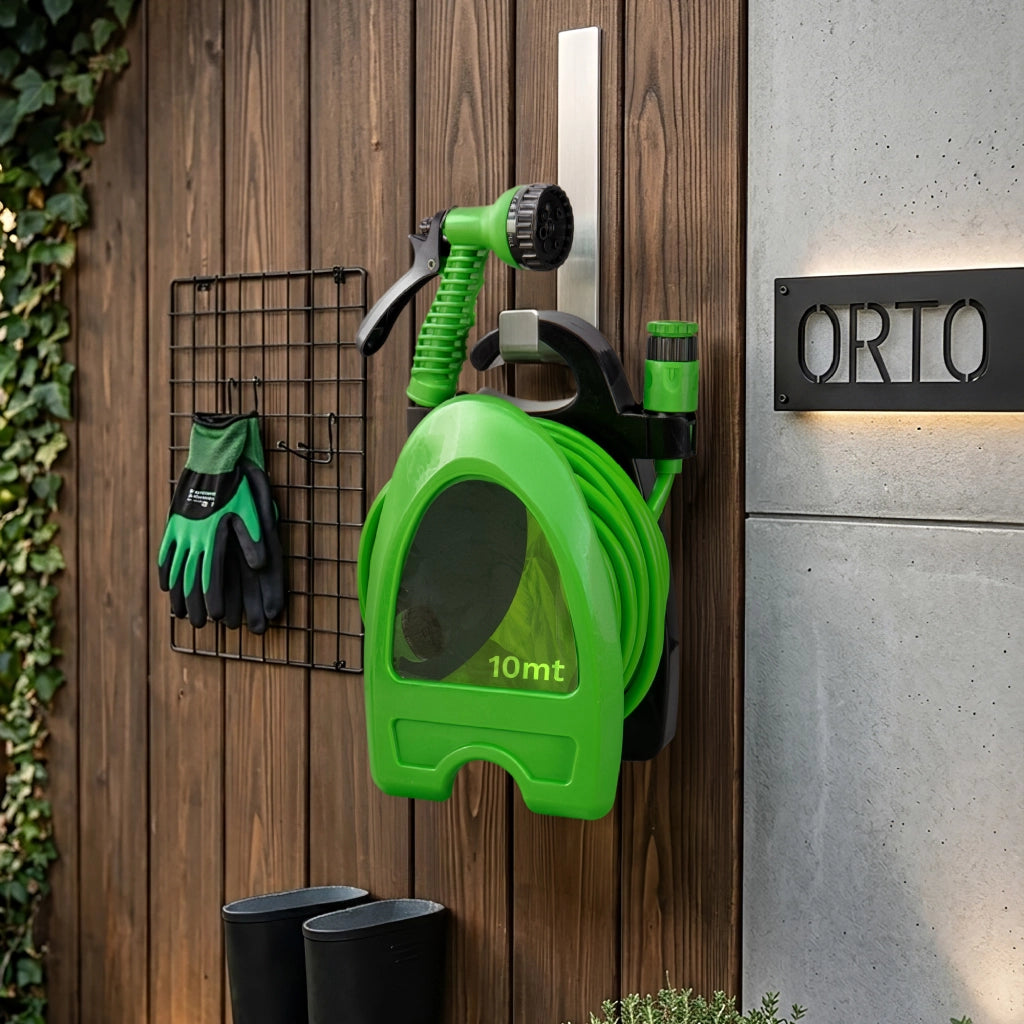 Tubo Irrigazione con Supporto Avvolgitubo e Pistola Multifunzione 10 m / 15 m Kit Irrigazione Compatto da Giardino con Raccordi 10 Metri