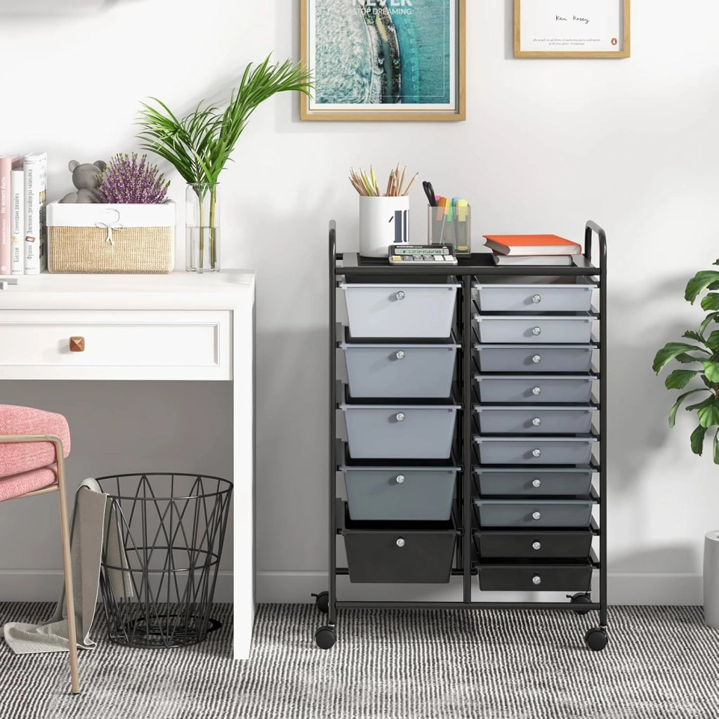 Carrello con 15 Cassetti Impilabili, Carrello di Stoccaggio con Ruote, Carello Portaoggetti per Casa e Ufficio, 63 x 37 x 87 cm (Nero 2)