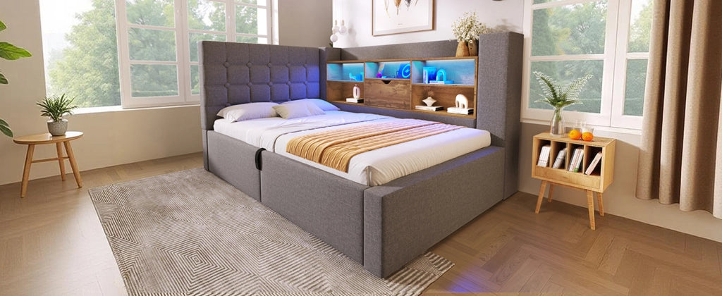 Letto singolo imbottito 90x190 cm con LED, contenitore idraulico, testiera L reversibile, grigio