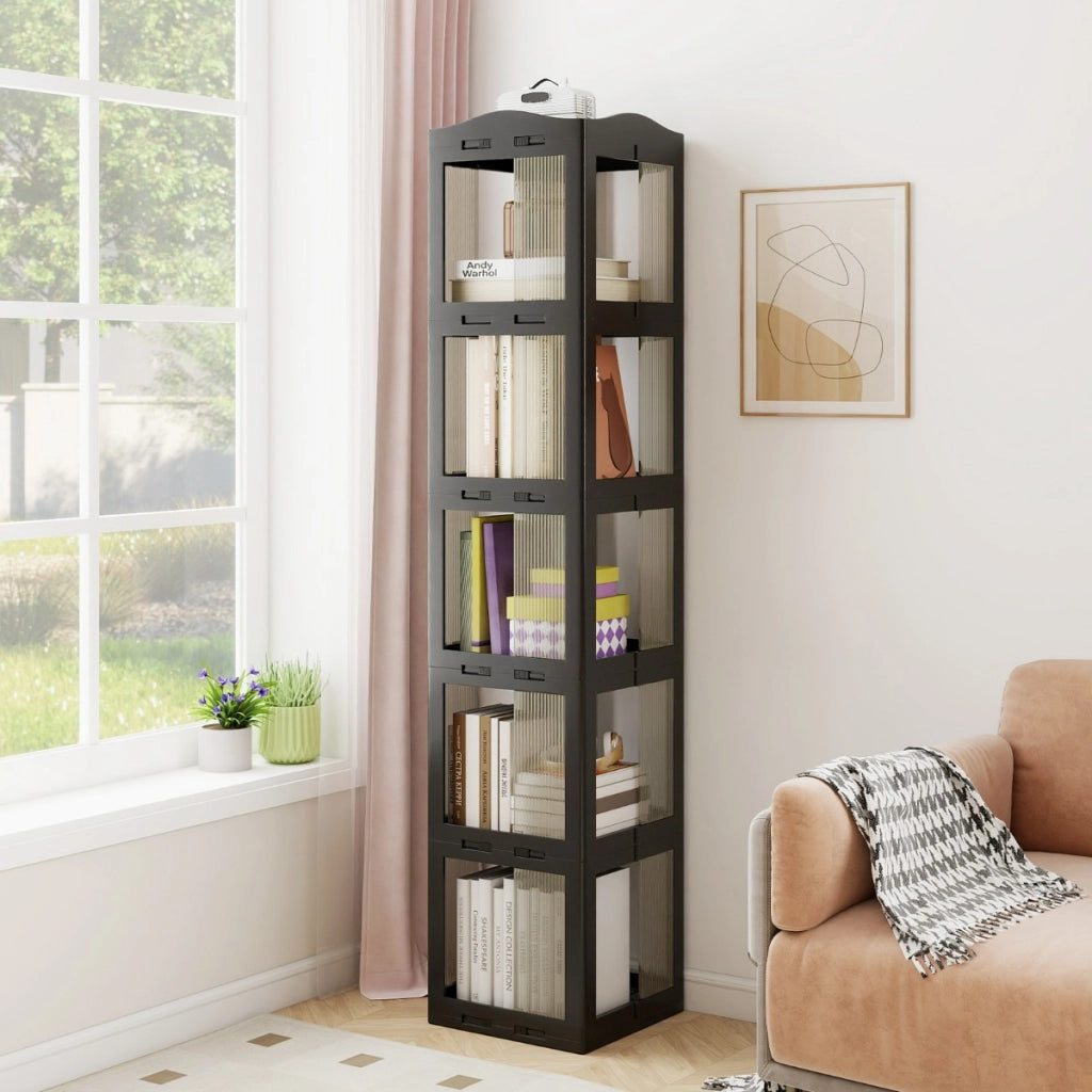 Libreria girevole pieghevole a 5 livelli per soggiorno e studio, Scaffale girevole a 360¡ã con base rotante per esposizione Nero-Librerie