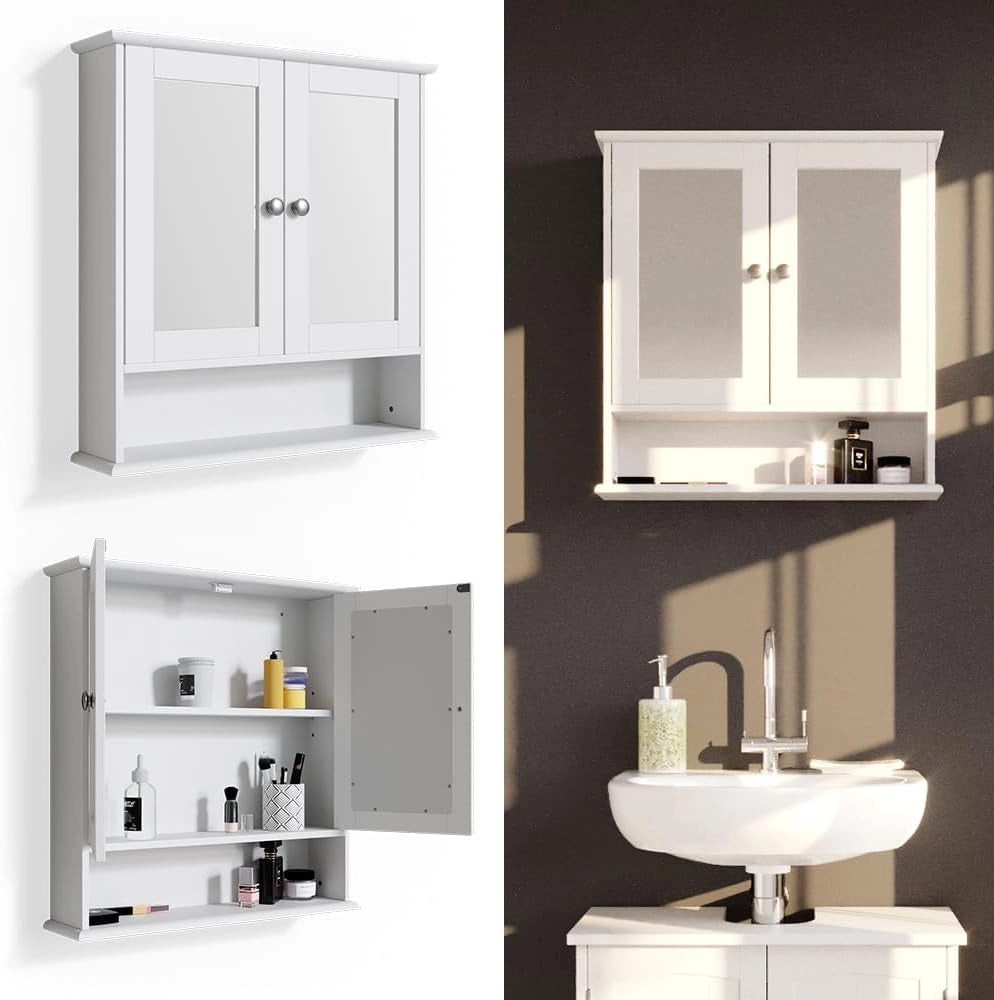 Specchio contenitore bagno Bianco, Bianco, 56 x 58 cm, per montaggio a parete con specchio integrato e ripiani