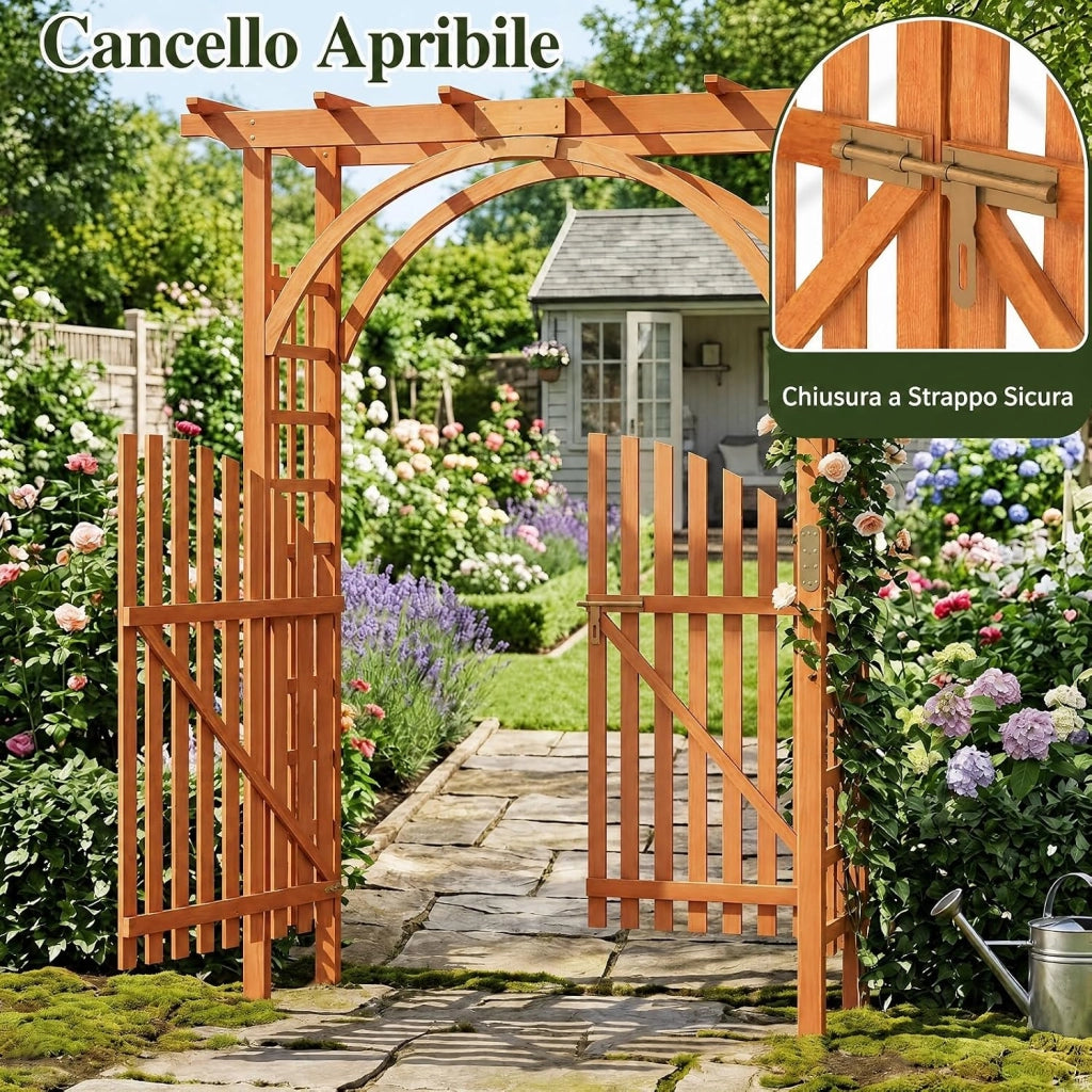 Arco da Giardino in Legno Abete, Pergola per Piante Rampicanti | con Cancello e Serratura, Pergolato Decorativo da Esterno per Matrimonio, Cerimonia e Festa, 161 x 60 x 216 cm