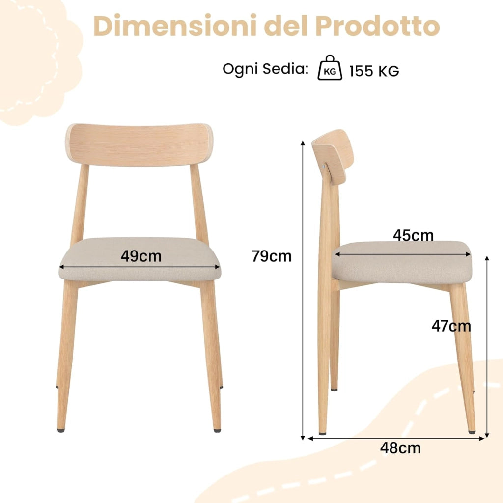 Set di 2 Sedie da Pranzo Moderne, Sedie Rivestite in Tessuto di Lino con Gambe in Metallo Robusto, Seduta Imbottita, Schienale Curvo, Sedia senza Braccioli per Sala da Pranzo e Soggiorno