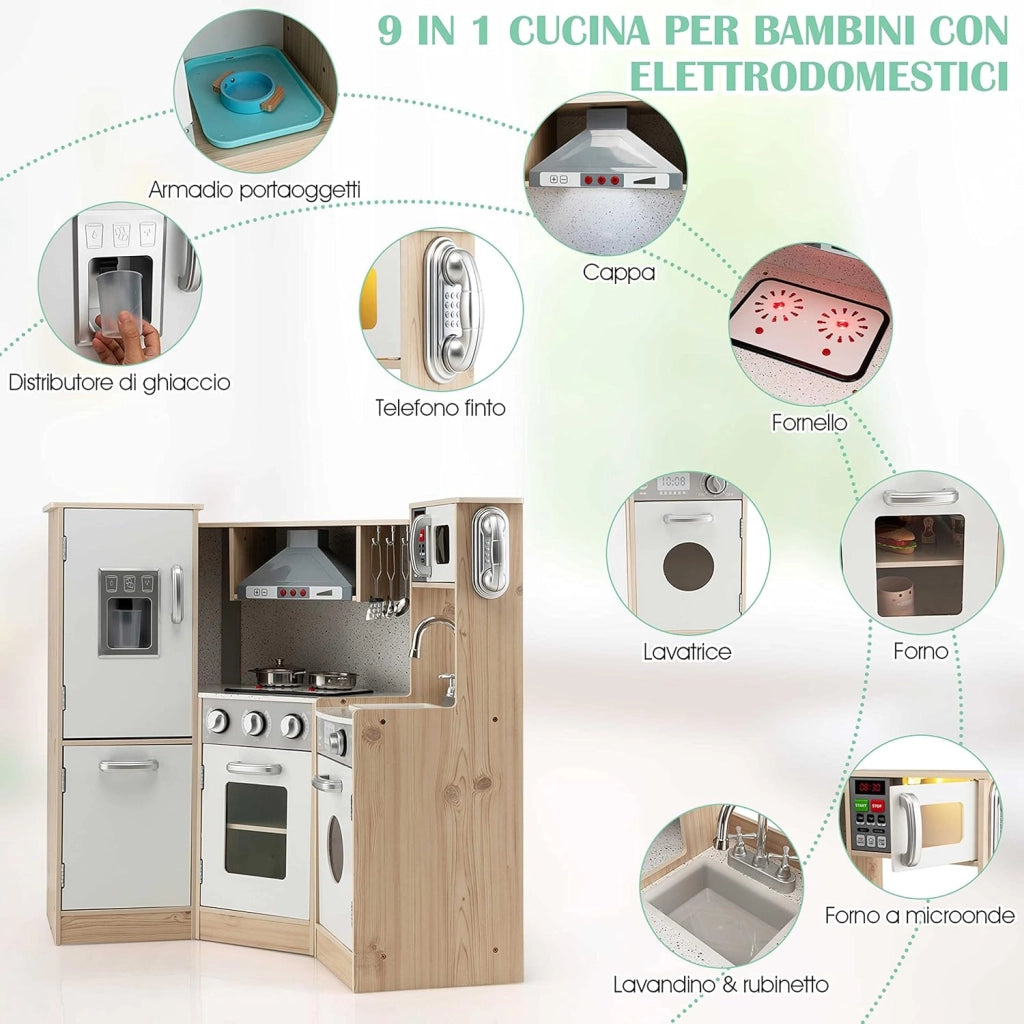Cucina Giocattolo Legno per Bambini con Macchina del Ghiaccio, Telefono, Lavatrice, Forno, Microonde, Lavello e Rubinetto, Funzione Luci e Suoni, 3+ Anni