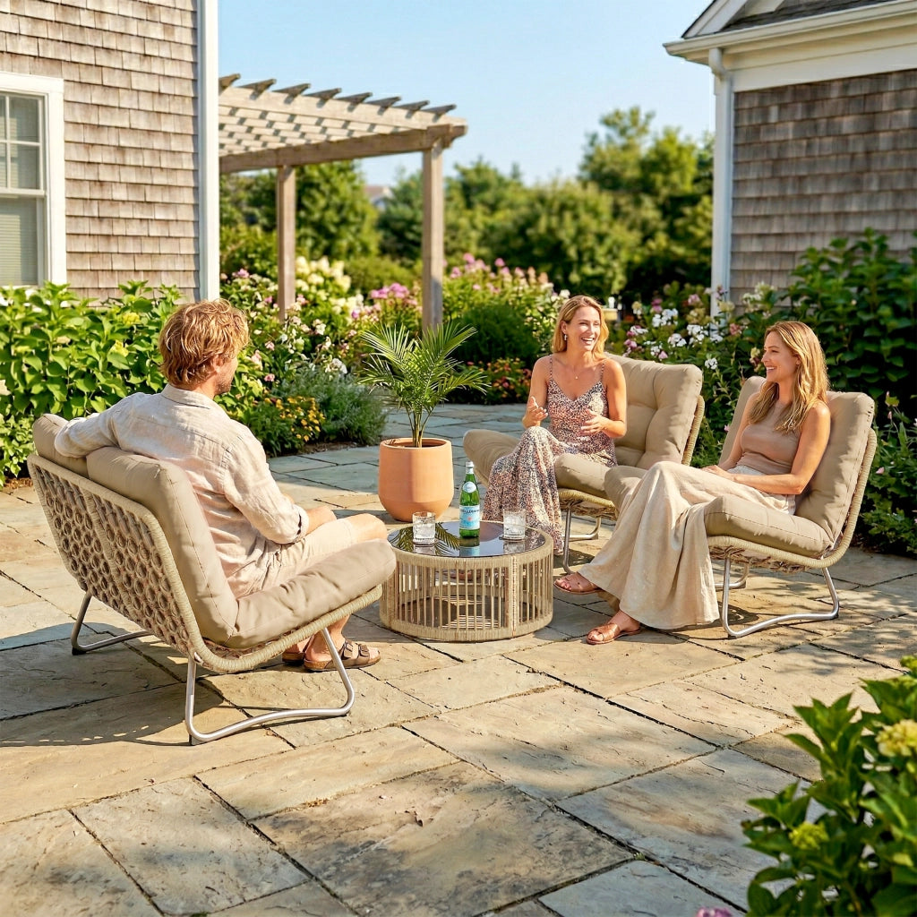 Set Lounge 4 Pezzi Polyrattan ¨C Zephmum ¨C Grigio, Cuscini Spessi, Tavolo Vetro