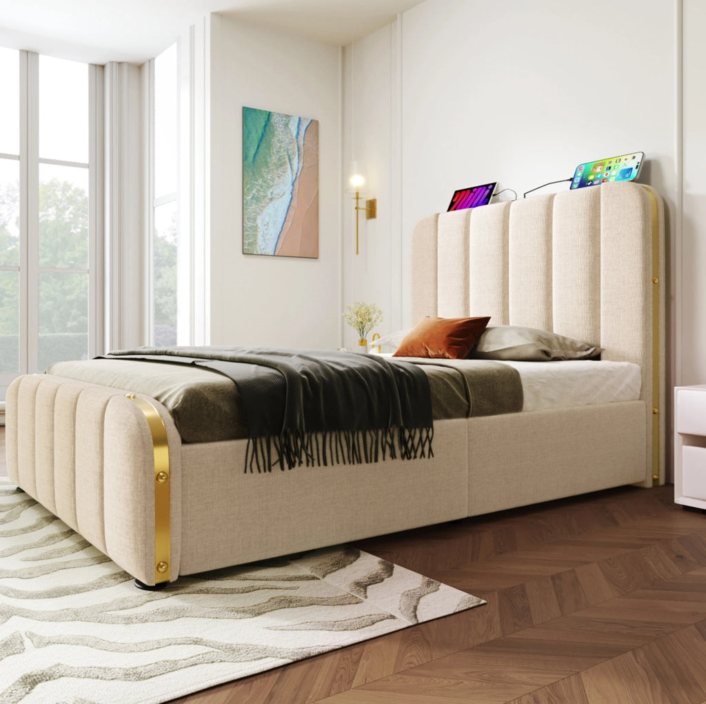 Letto singolo 90x200 cm in lino beige con 4 cassetti; testiera con USB e USB-C