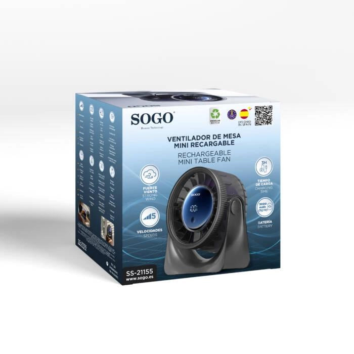 Ventilatore da tavolo ricaricabile con batteria 3000mAh, 5 velocità, display LED touch, inclinabile, autonomia 8 ore - SOGO