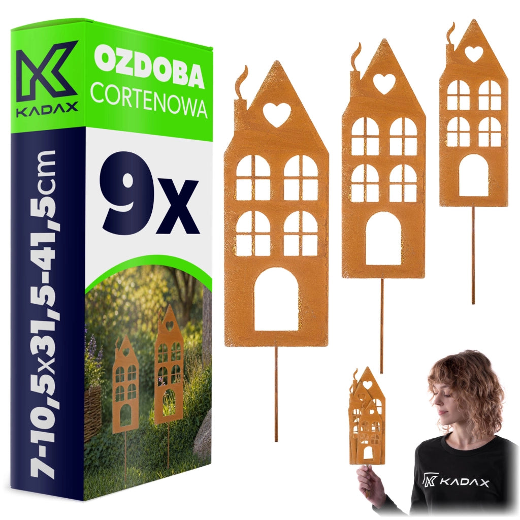 KADAX Ozdoba cortenowa Domy P25727 pakiet 3szt K17