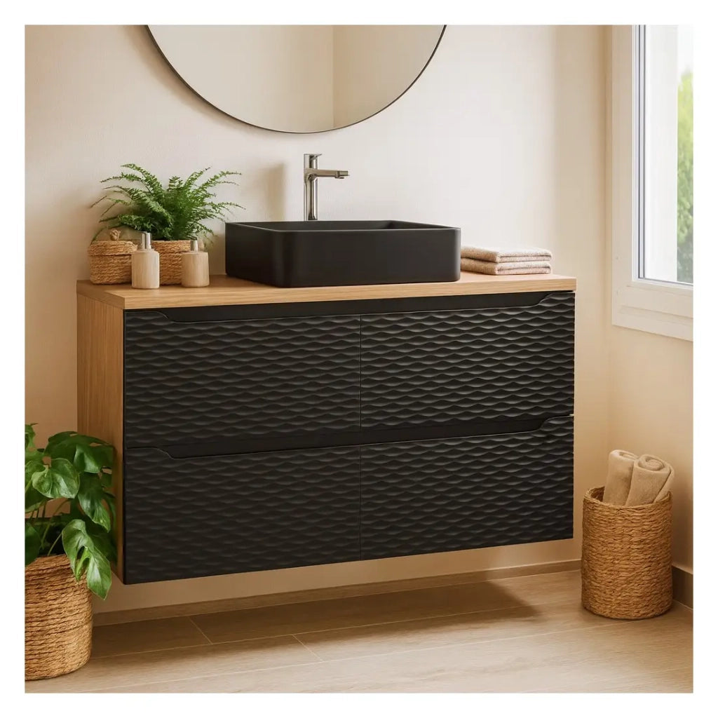 Set da bagno YOKA nero: mobile sottolavabo con cassetti 90cm + piano lavabo