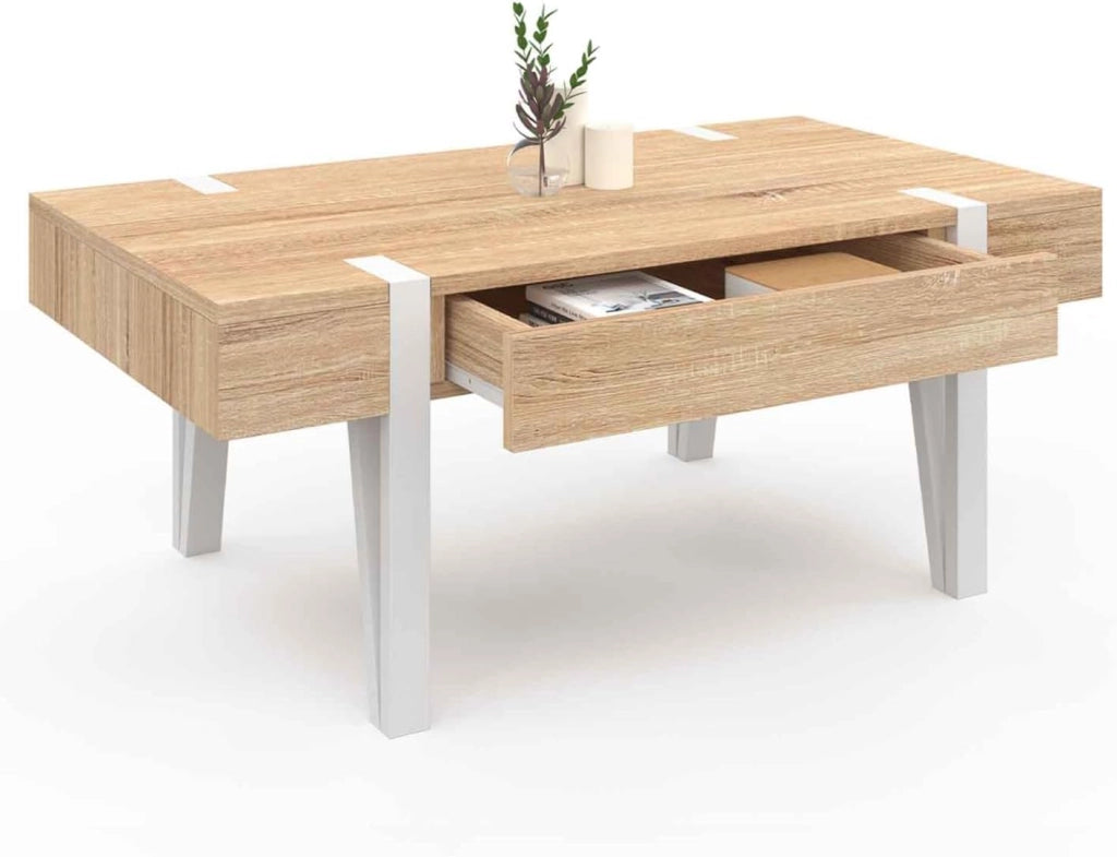 Mesa de centro AUSTRIA de 1 cajón con patas de pino blanco