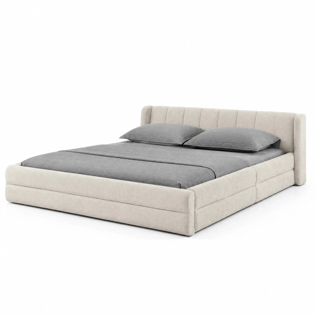 Letto matrimoniale 140x200 cm rivestito in chenille beige con testiera ergonomica e struttura rinforzata