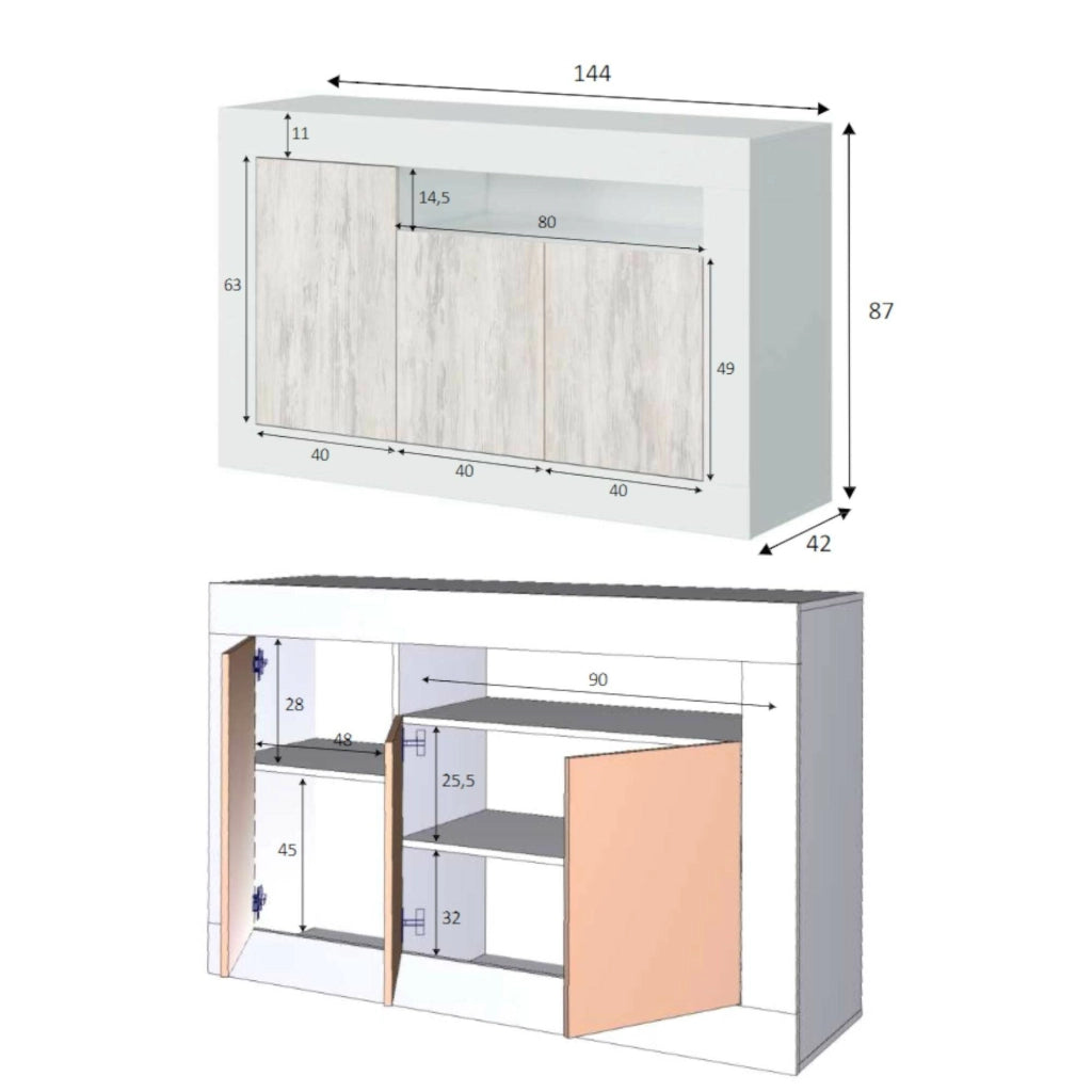 Credenza Ilizia, Madia moderna a 3 ante, Buffet da soggiorno porta TV, cm 144x42h87, Bianco