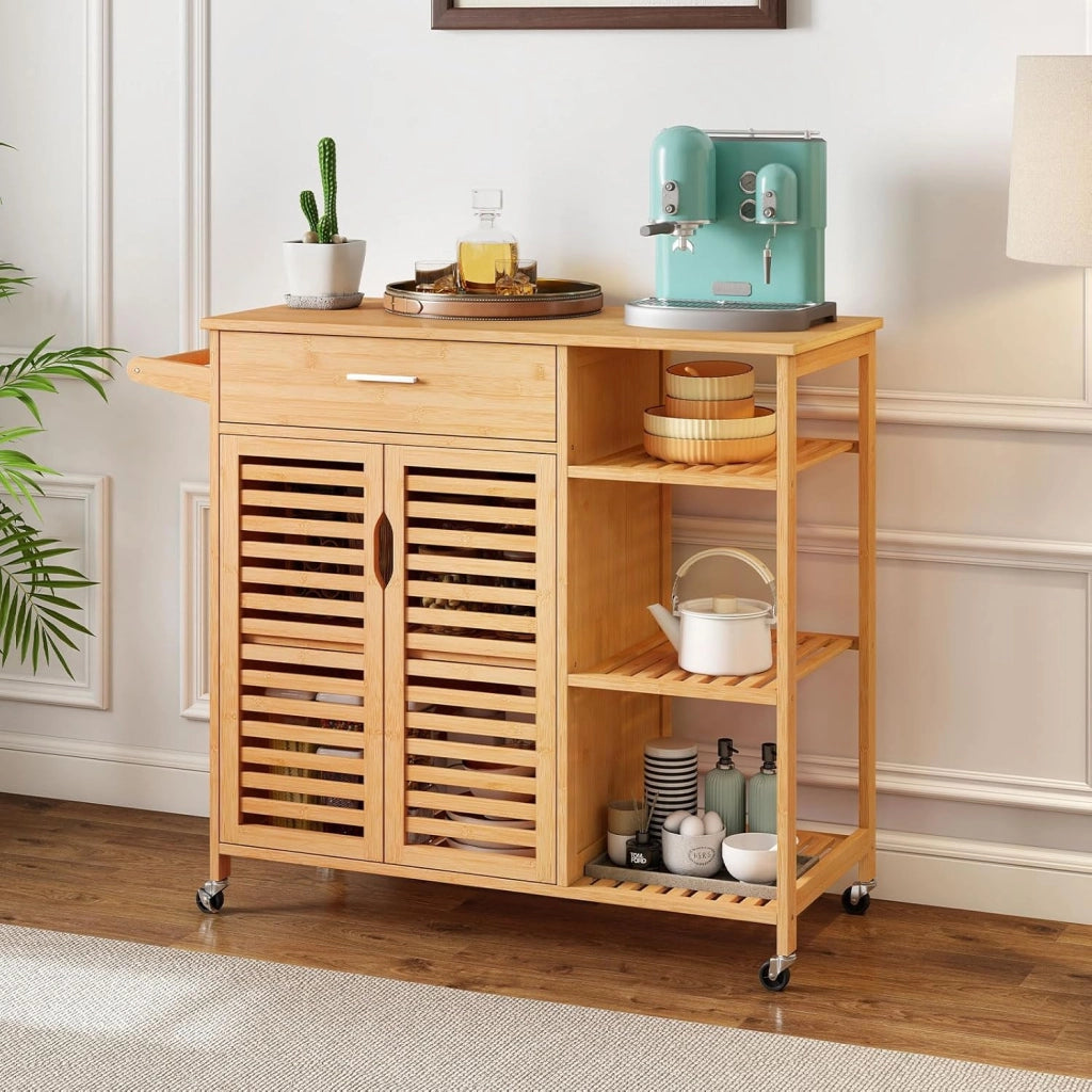 Carrello da Cucina, Mobile da Cucina in Bambù con Ruote Cassetto Ripiani Barra per Asciugamani e Armadio con 2 Porte, Organizzatore per Sala da Pranzo Soggiorno, 104x40x89 cm