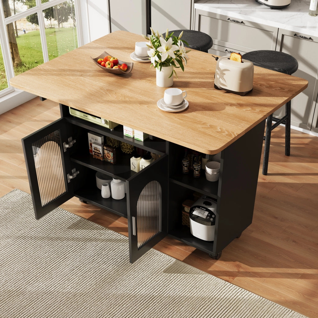 Carrello da Cucina con Piano Ribaltabile; 2 Vani Chiusi; Ripiani Aperti e Ruote; in MDF e Vetro; 120x30x79.5 cm; Nero e Naturale