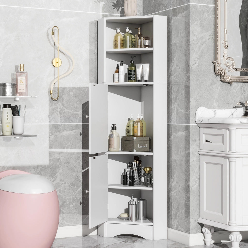Mobile angolare da bagno bianco con ripiani, 36,5 x 36,5 x 155 cm