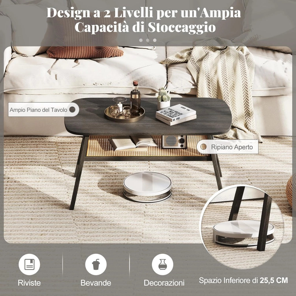 Tavolino da Salotto, Tavolo da Caffè a 2 Livelli in Rattan e Gambe in Legno di Gomma, Tavolo Rettangolare per Soggiorno, Ufficio e Salone, Portata 9,5 kg, 100 x 55 x 44,5 cm