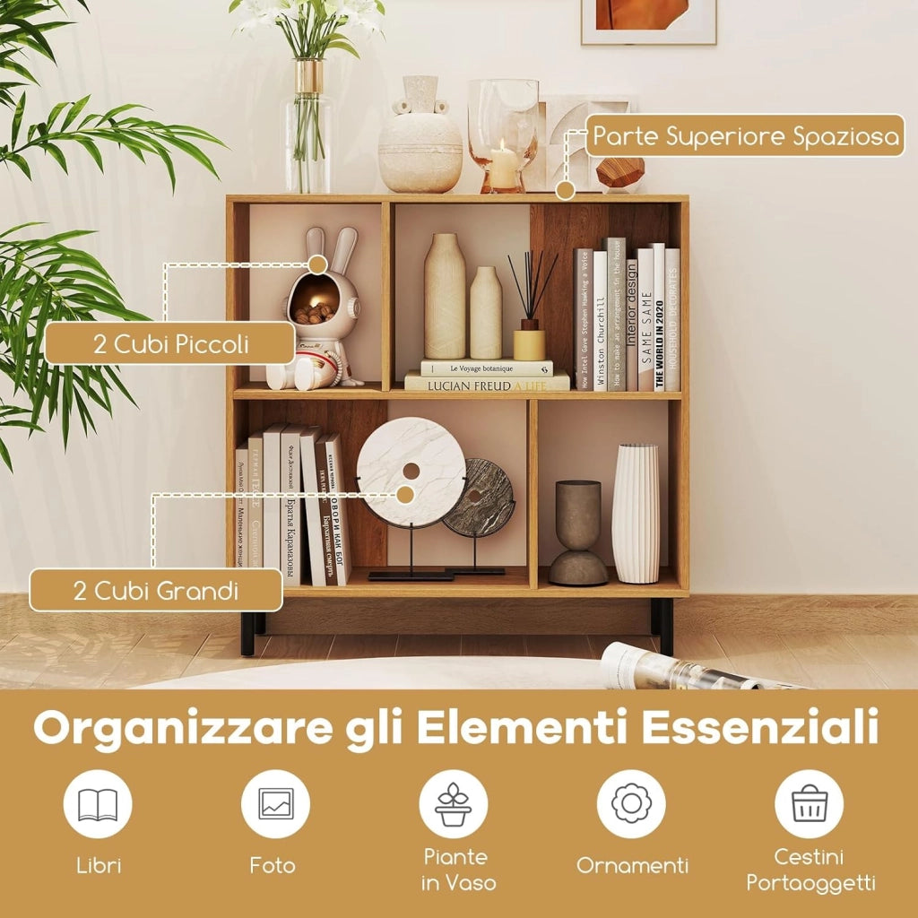 Libreria Scaffale a 4 Cubi Aperti, Libreria Basso in Legno Salvaspazio, Scaffale Espositivo per Camera da Letto, Soggiorno, Salotto, Ufficio e Studio, 90 x 30 x 90 cm (Naturale)