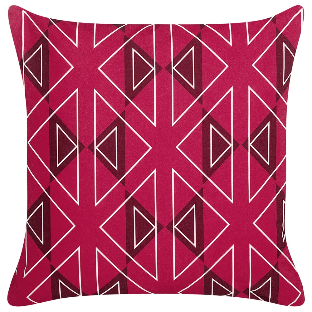 Set di 2 cuscini da giardino in poliestere fucsia con motivo geometrico 45 x 45 cm rettangolari moderni per esterni resistenti all'acqua.