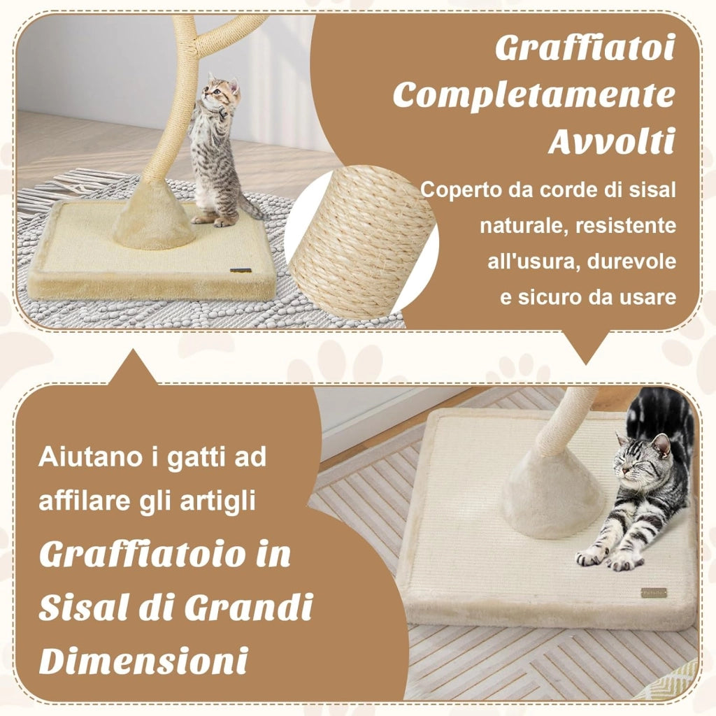 Albero per Gatti Alto 178 cm, Albero Tiragraffi per Gatti con Telaio di Supporto Curvo in Metallo, 3 Cucce Calde e Palline, Pali e Tavoletta Tiragraffi in Sisal, 59 x 59 x 178 cm (Beige)