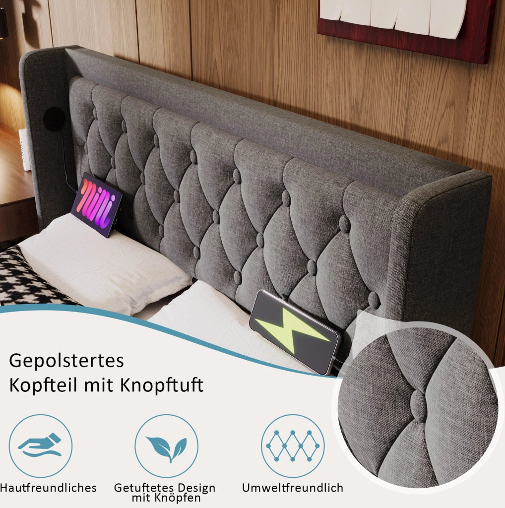 Letto contenitore imbottito 140x200 cm grigio in cotone con testiera USB Type-C e LED