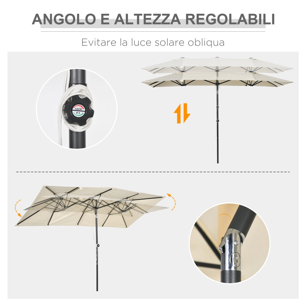 Ombrellone Doppio Inclinabile e Regolabile con Cordicella, in Poliestere e Metallo, 150x295x170-214 cm, Crema