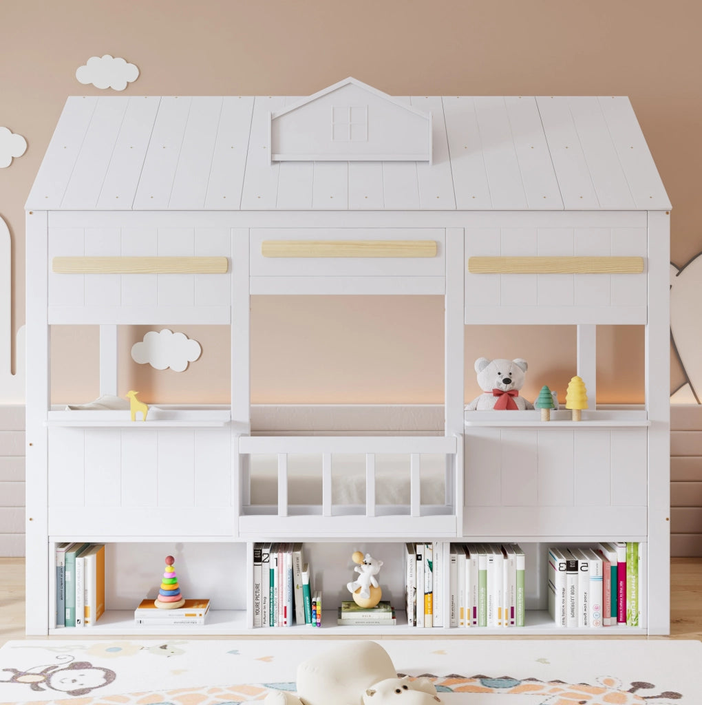 Letto a soppalco per bambini a forma di casa con libreria; 90x200 cm; bianco