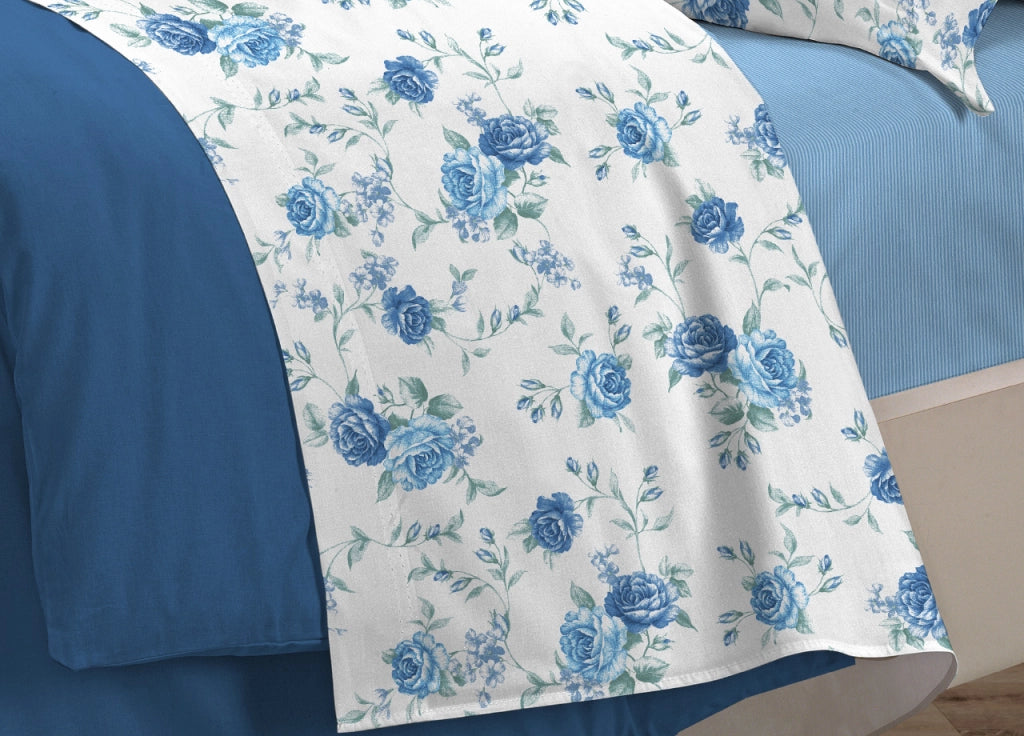 Completo Lenzuola Letto 100% Cotone Made Italy 3027 Disegno Sanderson - Matrimoniale - Azzurro