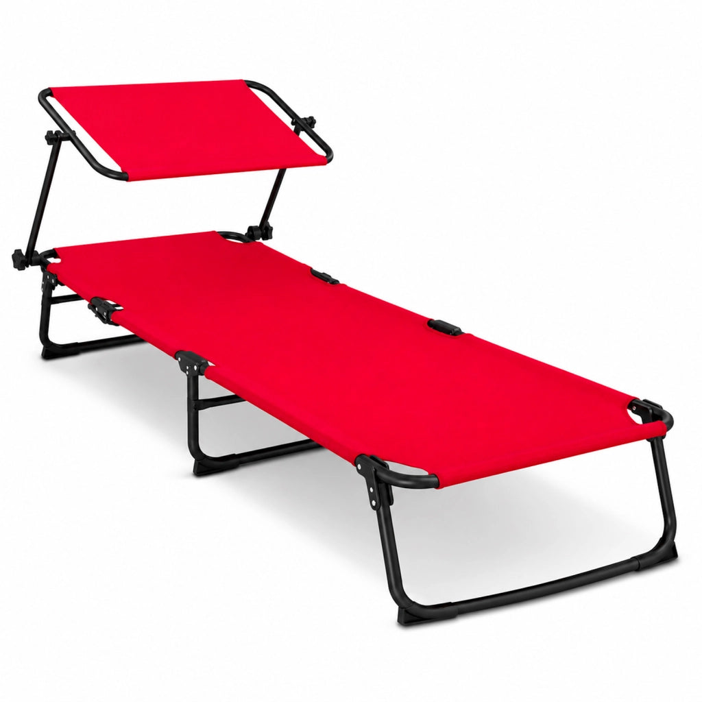 Lettino Pieghevole Con Tettuccio Regolabile Prendisole Parasole Schienale Reclinabile Regolabile Struttura In Metallo Nero Sedia Sdraio Per Spiaggia Mare Giardino Piscina 187 x 53 x 24 Cm Rosso
