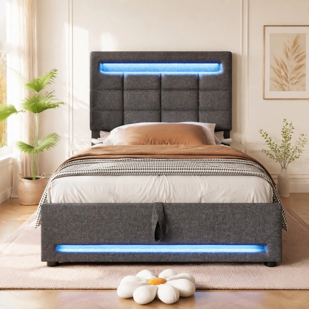 Letto imbottito grigio 90 x 200 cm con LED APP, vano idraulico e USB