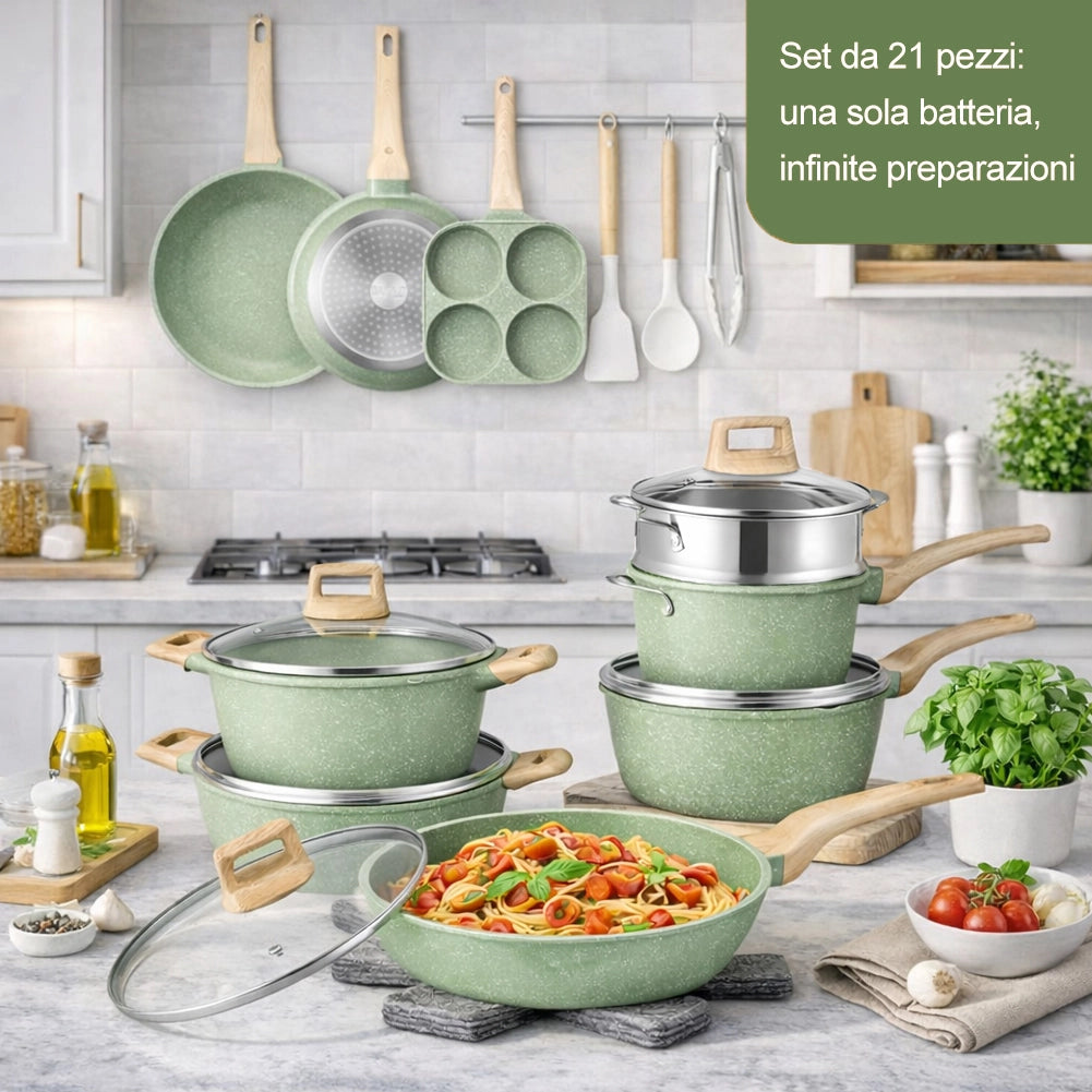 Batteria Pentole e Padelle 21 Pezzi Verde in Alluminio Pressofuso Antiaderente