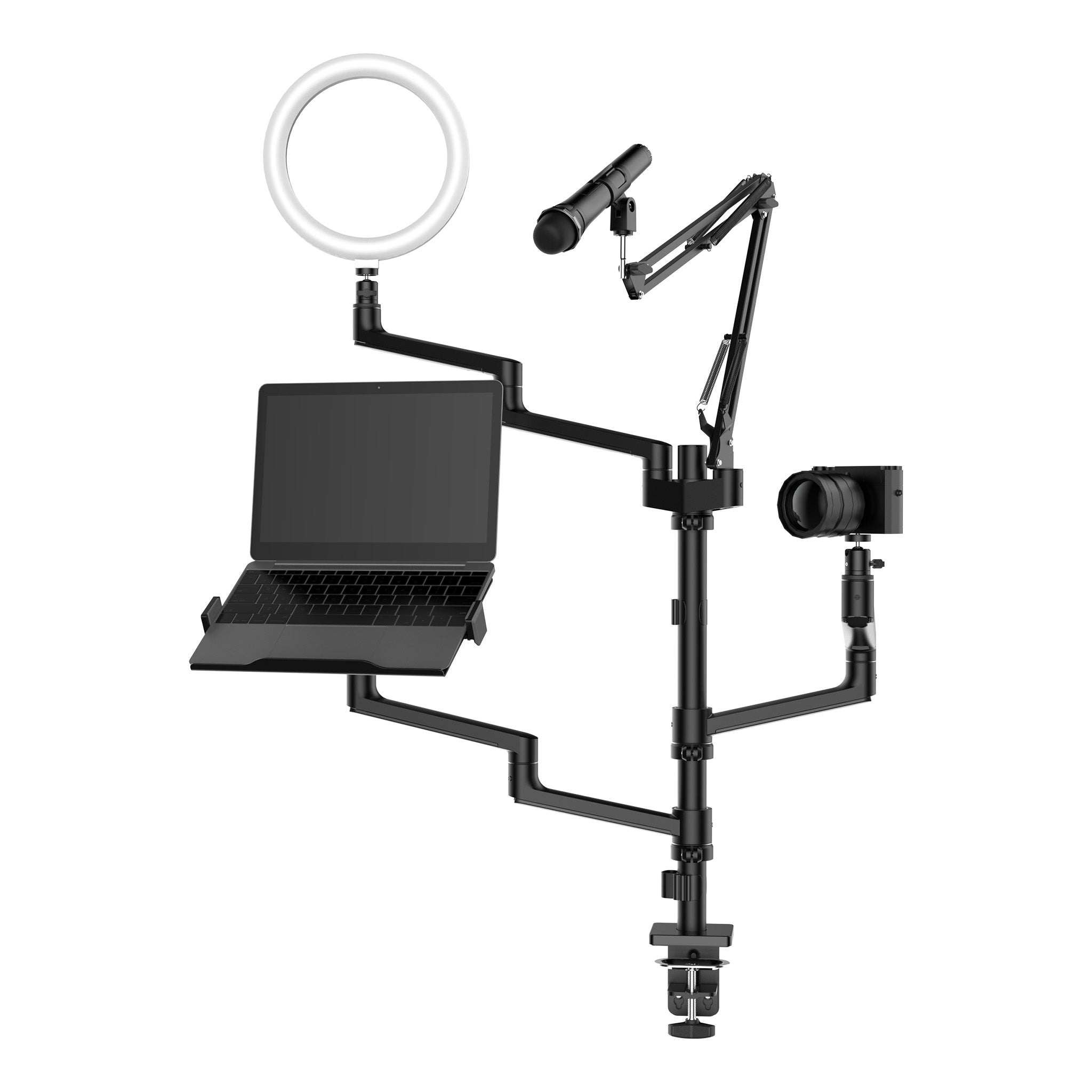 Supporto da tavolo 4in1 con 1 asta per microfono + 3 bracci articolati per accessori, con morsetto e ring light a 3 modalità, staffa per fotocamera per dirette e live
