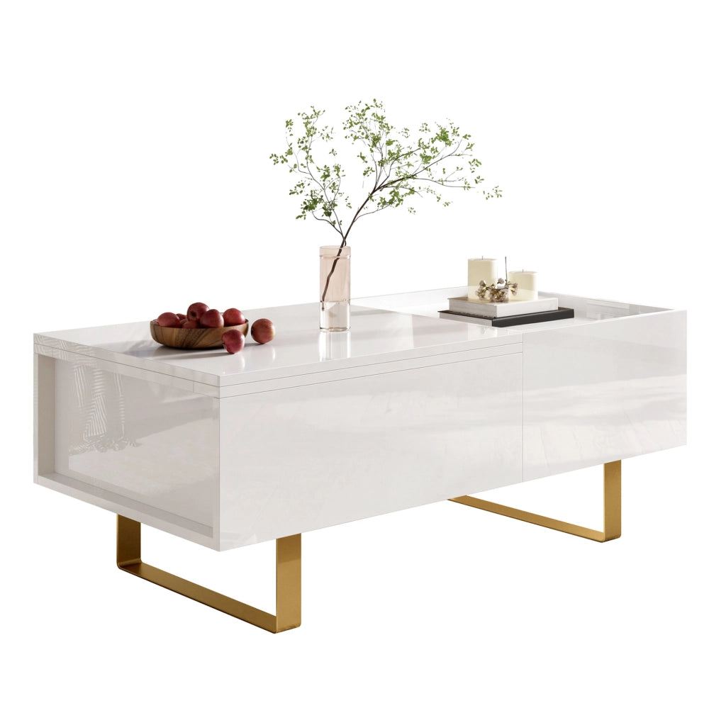 Tavolino da salotto 100x50x54.5 cm regolabile in altezza con cassetto e vano contenitore in MDF bianco