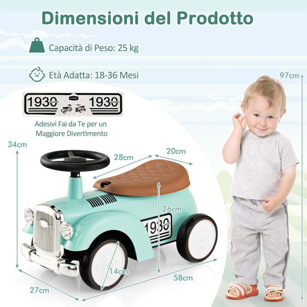 Macchinina Cavalcabile a Spinta per Bambini, Macchinina Giocattolo con Spazio di Archiviazione Ruote e Adesivi, Regalo per Bambini 18-36 Mesi (Verde)