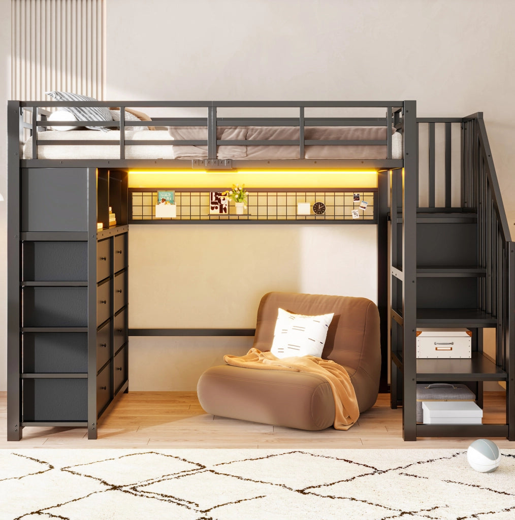 Letto a soppalco 90x200 cm con 8 cassetti, LED e scala con armadio nero