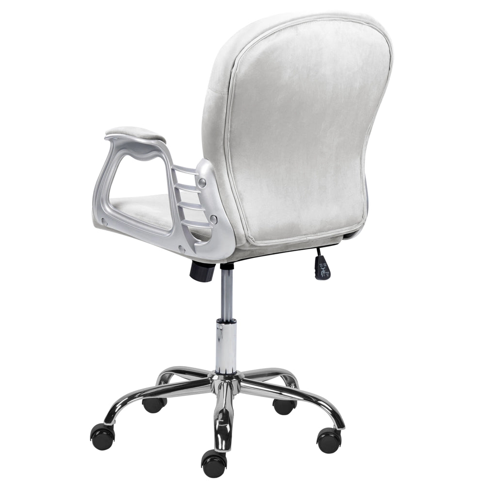 Sedia da ufficio in velluto grigio chiaro con cristalli e altezza regolabile e schienale trapuntato stile retrò moderno