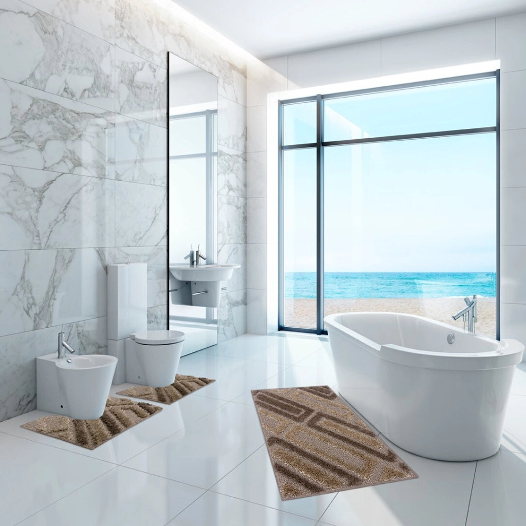 Tappeto Bagno Moderno Parure Set 3 Pezzi Soffice Shaggy Assorbente Antiscivolo Lavabile Marrone