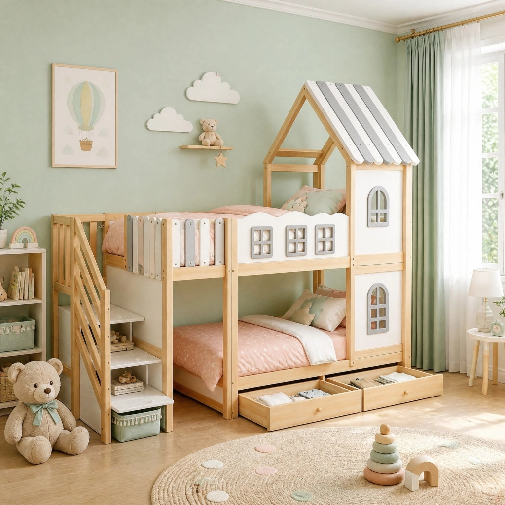 DESMIU Lit superposé 90 × 200 cm 2 posti con vano portaoggetti, scala, finestre, senza materasso, in legno, bianco