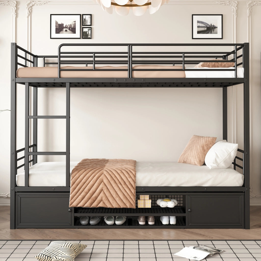 Letto a Castello 90x200 cm; Letto Singolo - Con Scarpiera; Scaletta; Sponda; in Metallo Nero