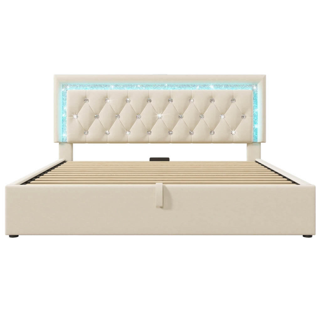 Letto Contenitore 140x200 cm; Matrimoniale; LED; USB; Type-C; in Velluto Beige