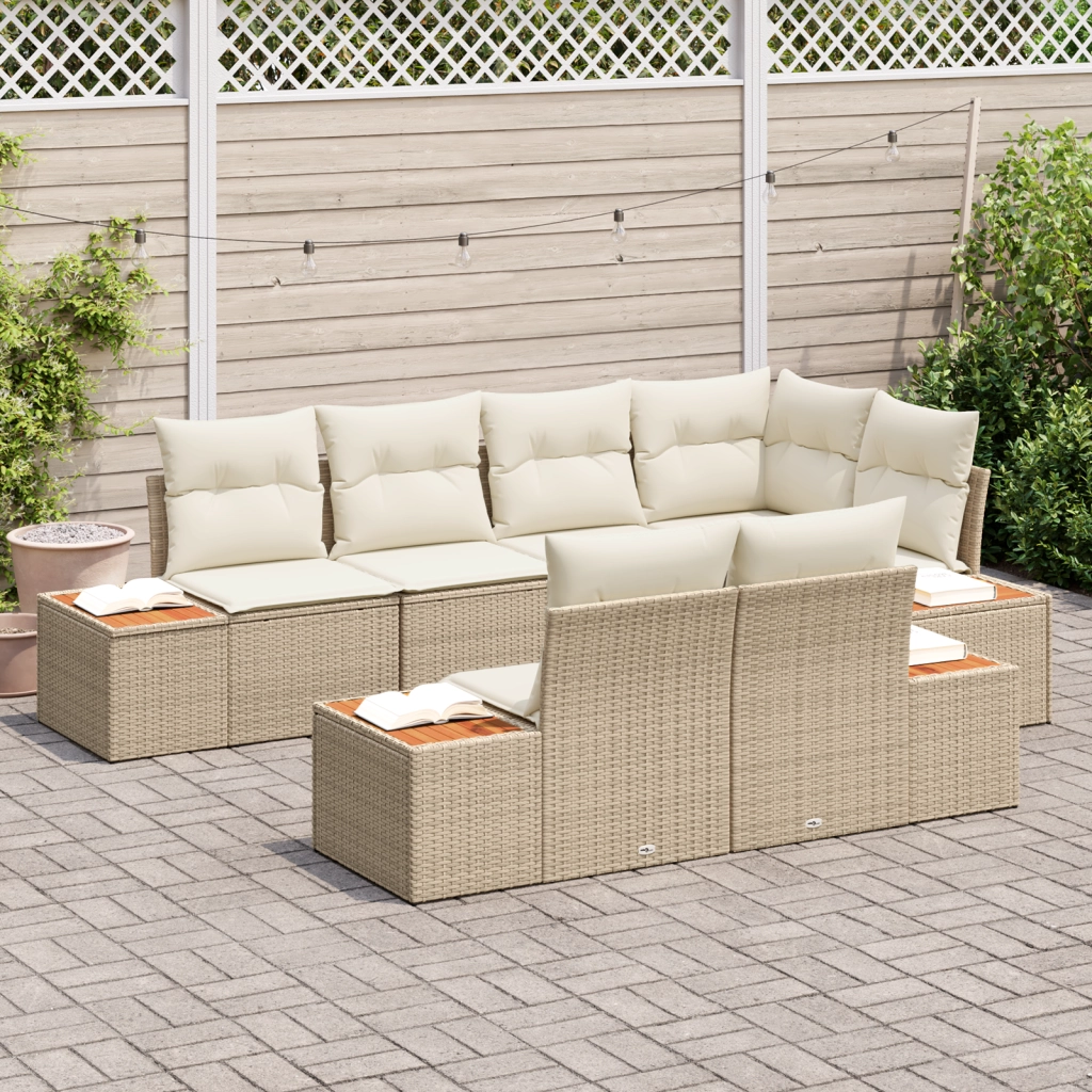 Set di SofÃ  da Giardino 7 Pezzi con Cuscini Beige Rattan Poliestere Acacia