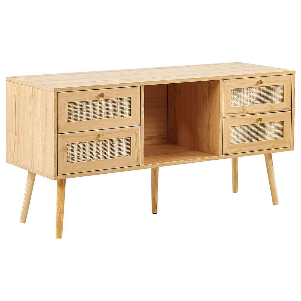 Mobile da TV in rattan legno chiaro con 4 cassetti stile boho soggiorno camera da letto