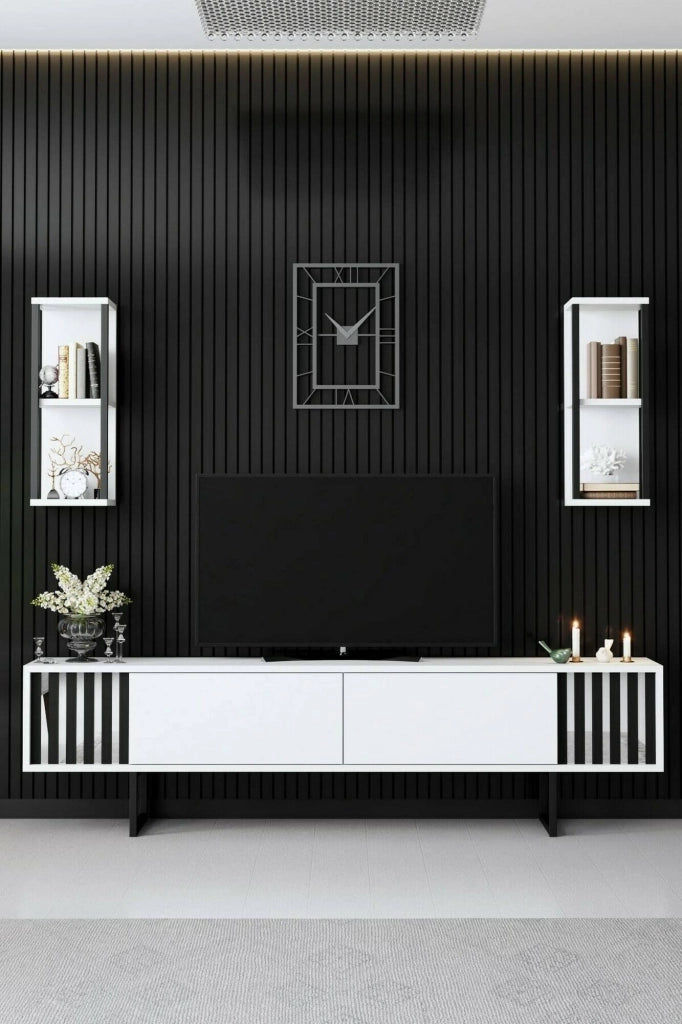 Mobile porta TV Iva, Credenza da soggiorno, Armadio basso per TV, Base parete attrezzata, 180x30h48 cm, Bianco e Nero