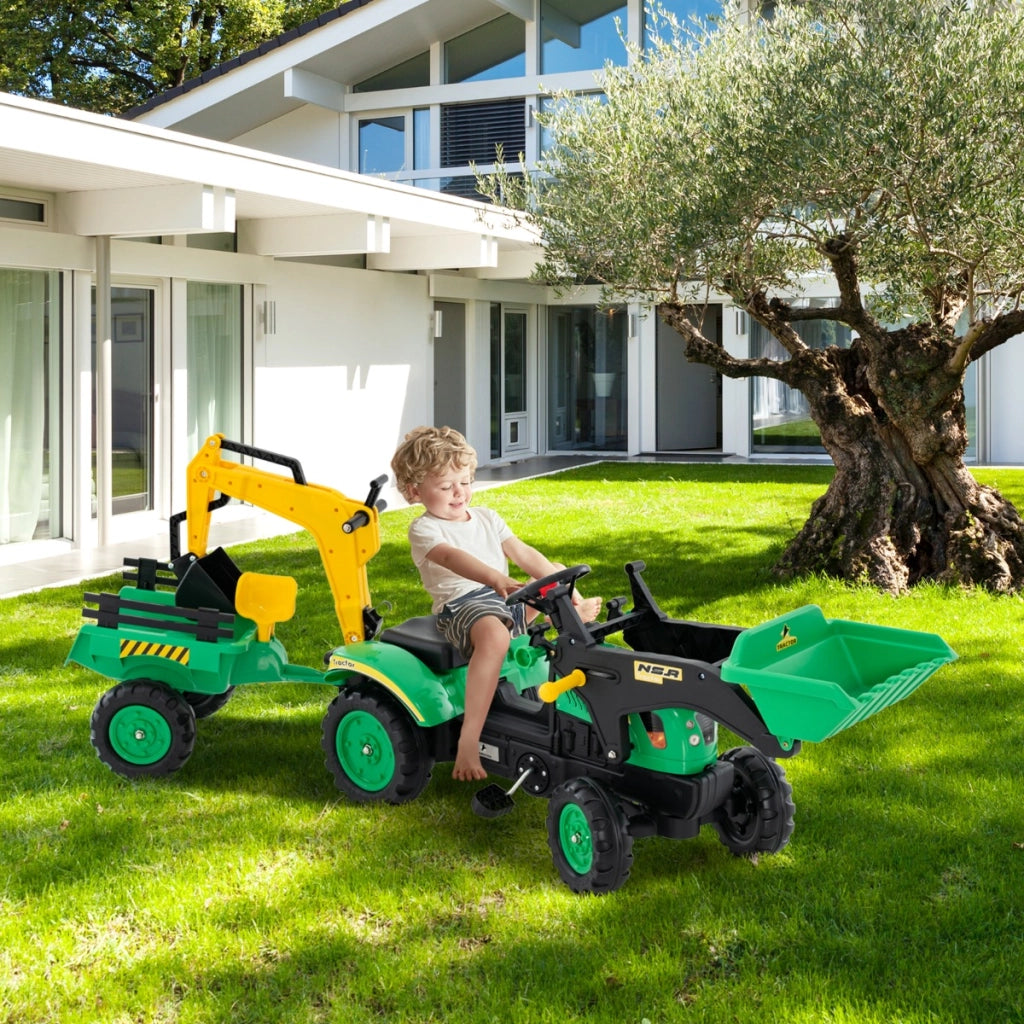 Escavatore a pedali per bambini con 6 ruote rimorchio staccabile e 2 benne, Escavatore a pedali ruspa per bambini 3-6 anni Verde-Macchinine giocattoli